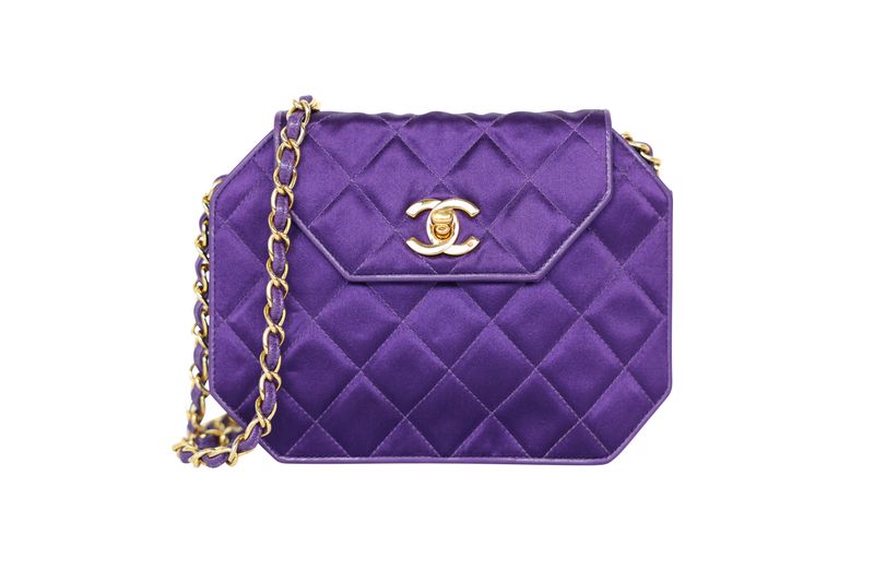 Chanel Vintage Octagon Shoulder Bag, Purple Quilted Satin and Gold Hardware, Preowned No Dustbag WA001 Chanel Vintage Octagon Shoulder Bag, Purple Quilted Satin and Gold Hardware, Preowned No Dustbag WA001