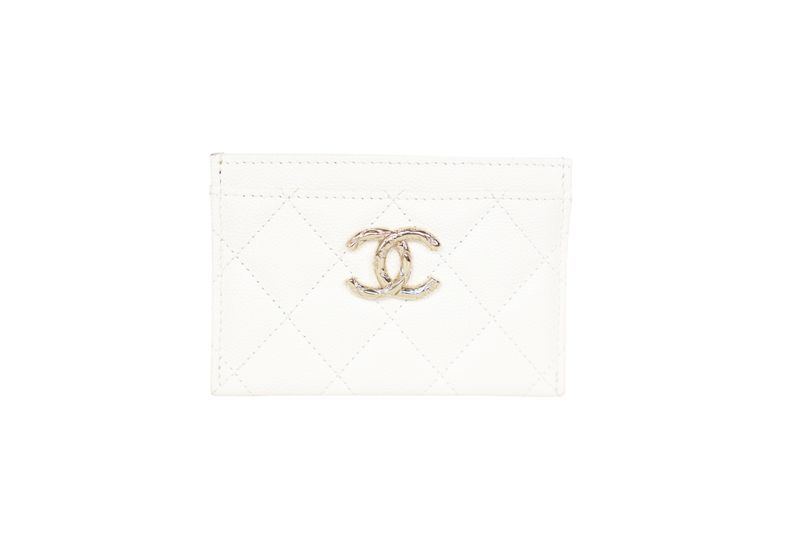 Chanel Cardholder, White Quilted Caviar Leather and Gold Hardware, Preowned in Box WA001 Chanel Cardholder, White Quilted Caviar Leather and Gold Hardware, Preowned in Box WA001