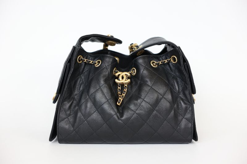 Chanel 25 Small Handbag, Black Caviar Leather and Gold Hardware, Preowned in Box WA001
