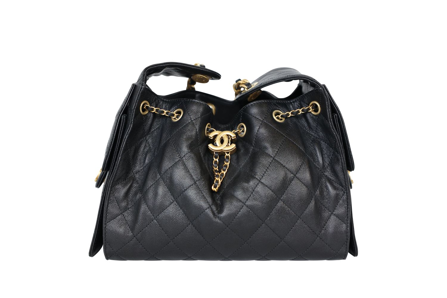 Chanel 25 Small Handbag, Black Caviar Leather and Gold Hardware, Preowned in Box WA001