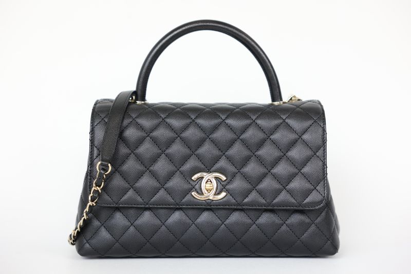 Chanel Coco Handle Small Bag, Black Quilted Caviar Leather and Gold Hardware, Preowned in Box WA001