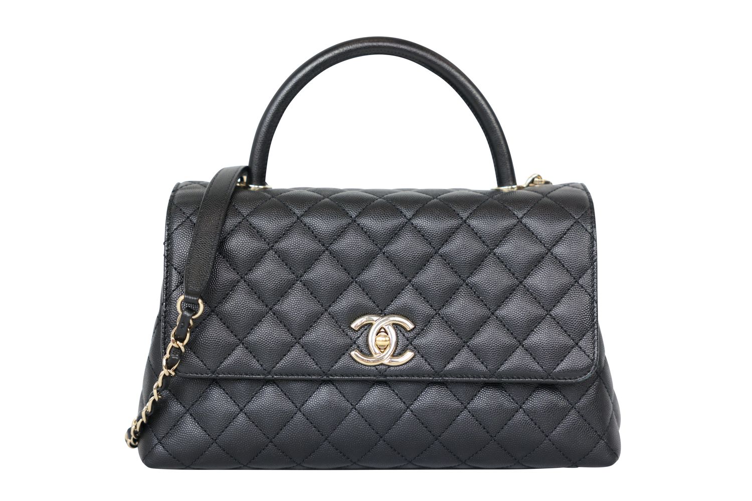 Chanel Coco Handle Small Bag, Black Quilted Caviar Leather and Gold Hardware, Preowned in Box WA001