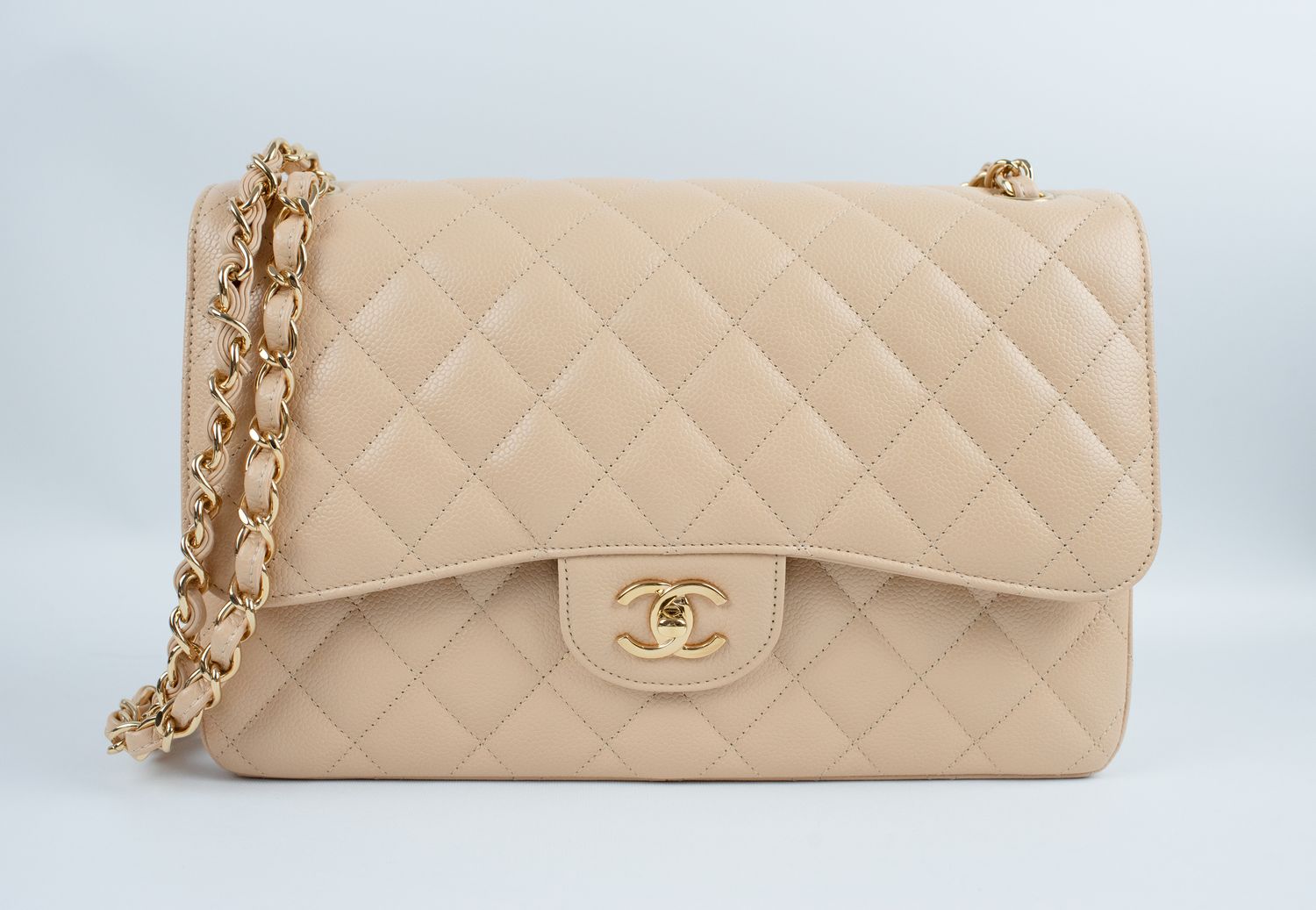 Chanel Classic Double Flap Jumbo, Beige Caviar Leather with Gold Hardware, Like New in Box GA001