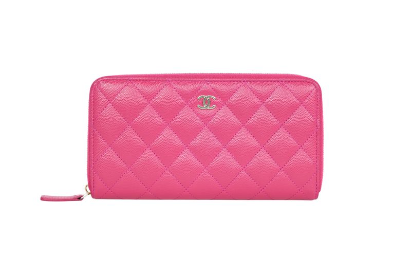 Chanel 22A Classic Long Zip Wallet, Pink Quilted Caviar Leather and Gold Hardware, Preowned in Box WA001