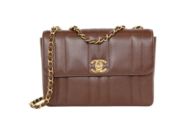 Chanel Vintage Mademoiselle Chain Bag, Brown Vertical Quilt Caviar Leather and Gold Hardware, Preowned No Dustbag WA001