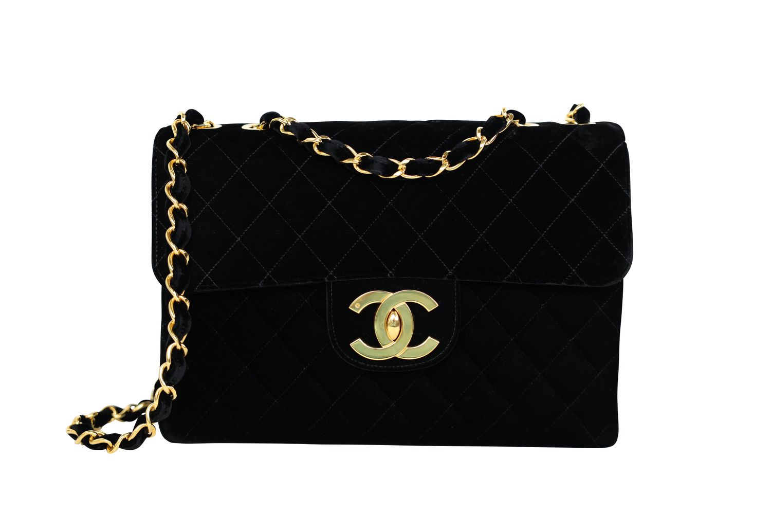 Chanel Vintage Classic Jumbo Bag, Black Quilted Velvet and Gold Hardware, Preowned No Dustbag WA001