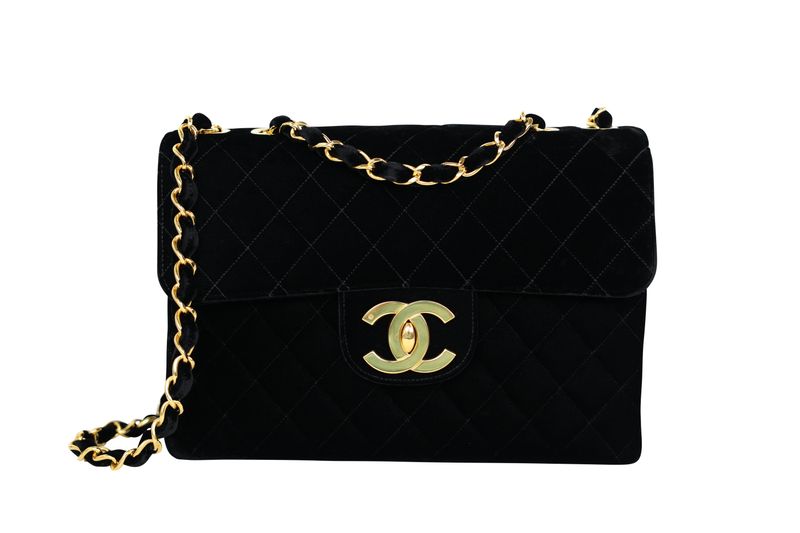 Chanel Vintage Classic Jumbo Bag, Black Quilted Velvet and Gold Hardware, Preowned No Dustbag WA001