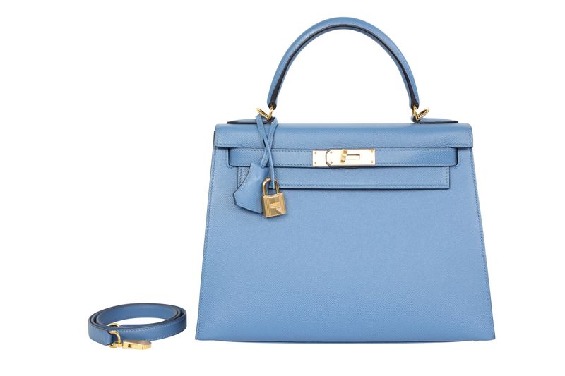 Hermes Kelly 28 Handbag, Blue Agate Clemence and Gold Hardware, C 2018 Stamp, Preowned in Dustbag WA001