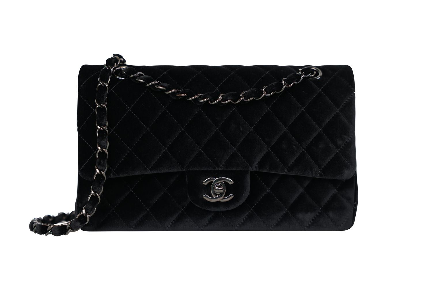 Chanel Classic Medium Shoulder Bag, Black Quilted Velvet and Tonal Hardware, Preowned No Dustbag WA001