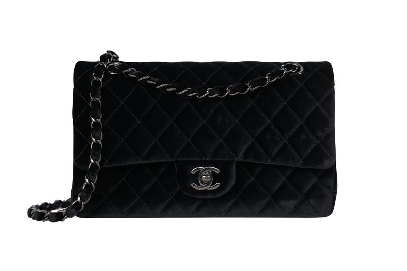Chanel Classic Medium Shoulder Bag, Black Quilted Velvet and Tonal Hardware, Preowned No Dustbag WA001