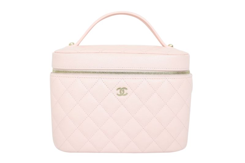 Chanel Caviar Quilted Large, Vanity Pouch Cosmetic Case with Top Handle, 25S Light Pink Caviar Leather Gold Hardware, Like New in Box CMA001 Chanel Caviar Quilted Large, Vanity Pouch Cosmetic Case with Top Handle, 25S Light Pink Caviar Leather Gold Hardware, Like New in Box CMA001