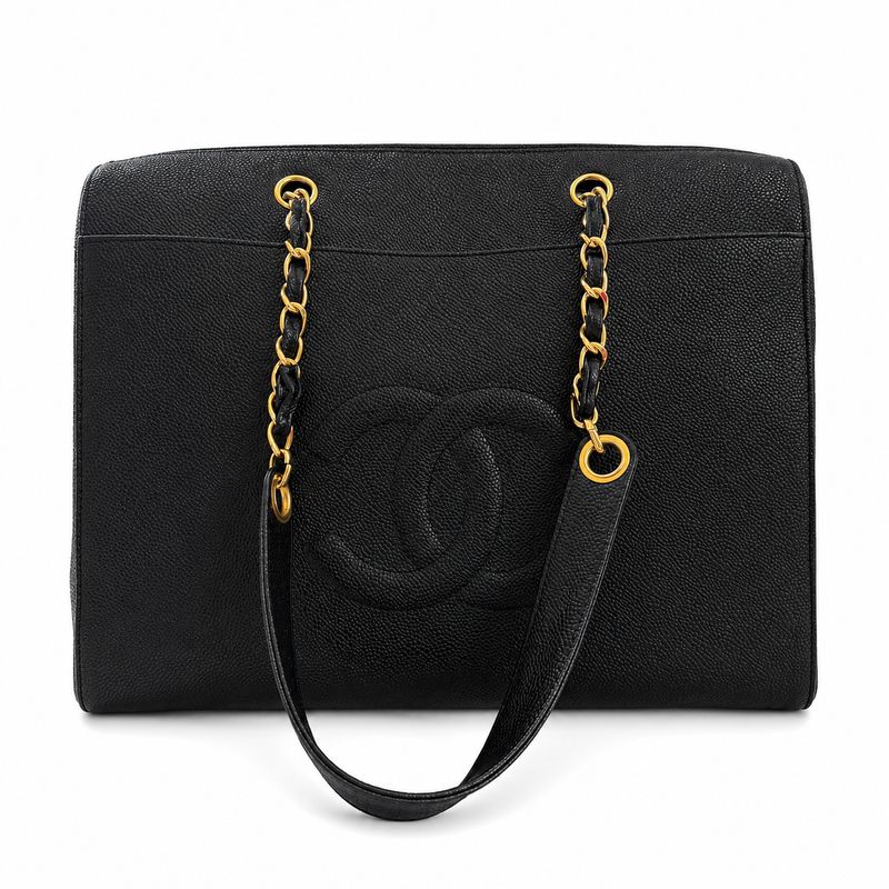 Chanel Vintage Shoulder Bag, Black Caviar Leather, Gold Hardware, Preowned in Dustbag MA001