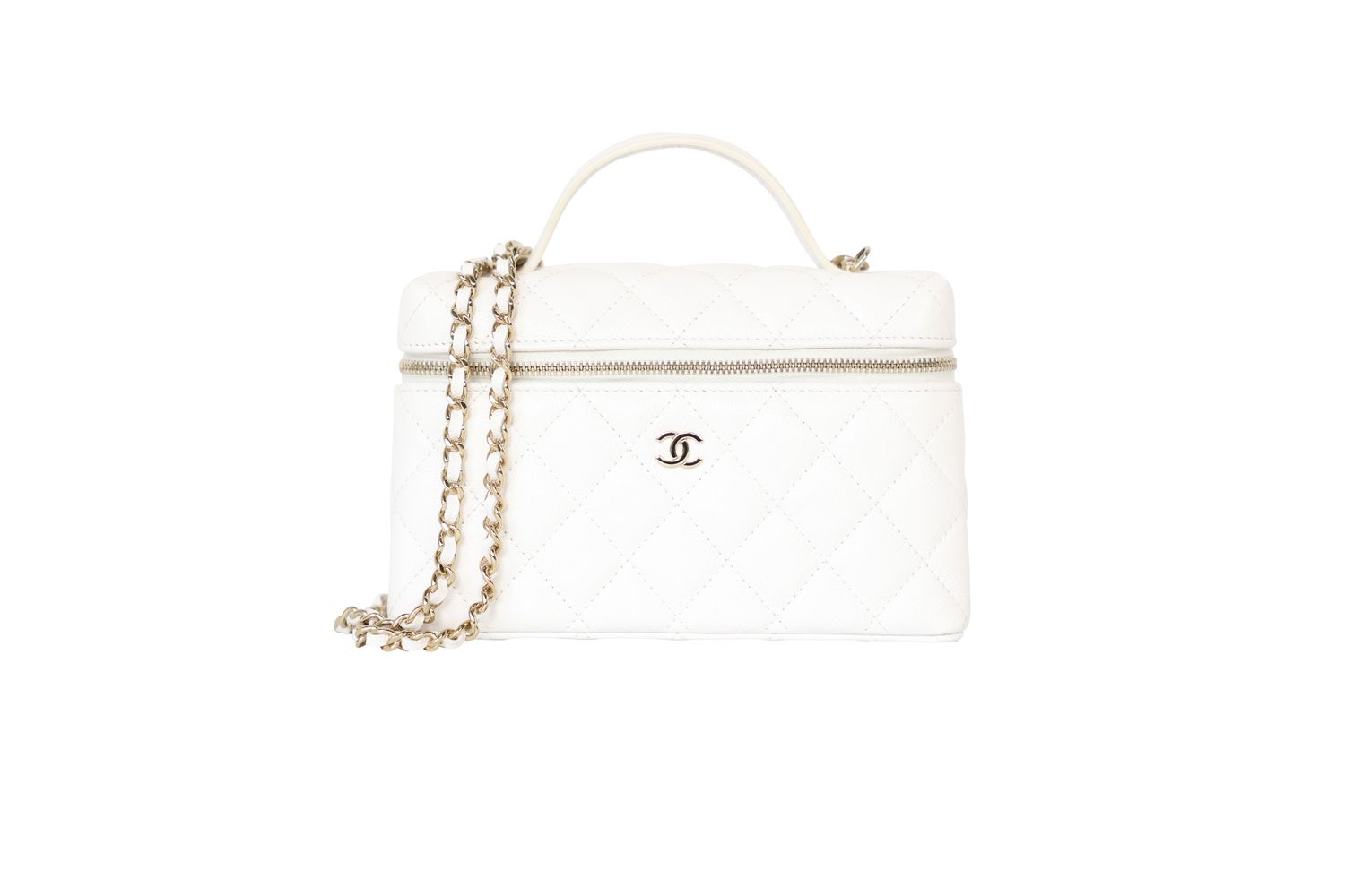 Chanel Top Handle Vanity with Chain Bag, White Caviar Leather and Gold Hardware, New in Box WA001