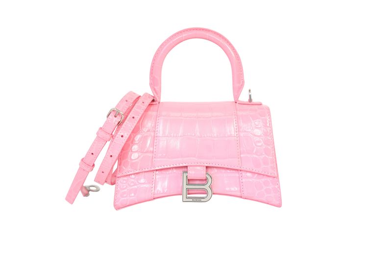 Balenciaga Hourglass XS Bag, Pink Shiny Croc Embossed Calfskin and Silver Hardware, Preowned in Box WA001