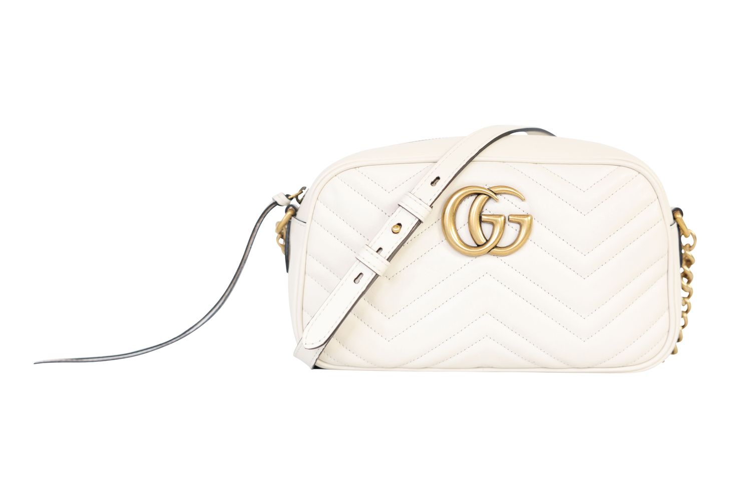 Gucci GG Marmont Small Camera Bag, White Leather and Gold Hardware, Preowned in Box WA001