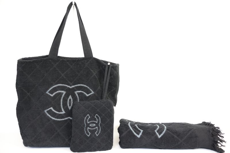 Chanel Coco Beach Tote Bag Set, Black Terry Cloth, New No Dustbag WA001