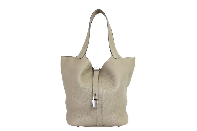 Hermes Picotin Lock MM Bag, Gray Green Sauge Taurillon Clemence Leather and Palladium Hardware, Z 2021 Stamp, Preowned No Dustbag WA001