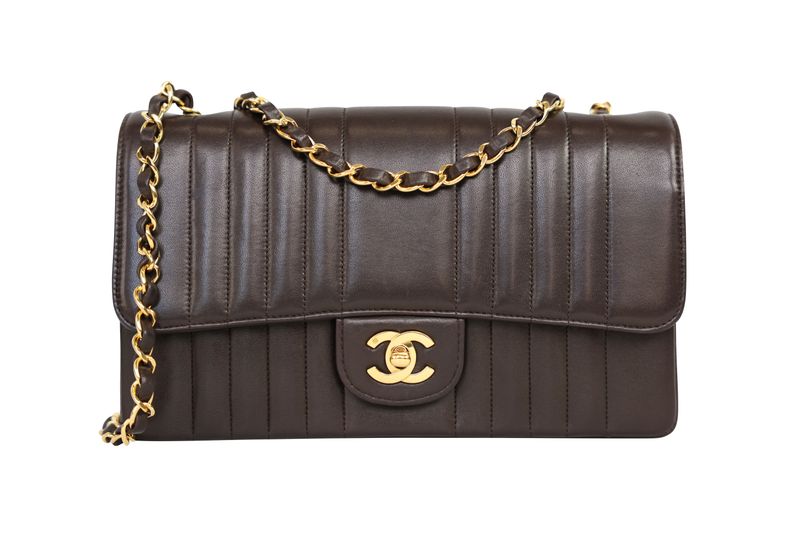 Chanel Vintage Mademoiselle Chain Bag, Brown Vertical Quilt Lambskin Leather and Gold Hardware,  Preowned No Dustbag WA001