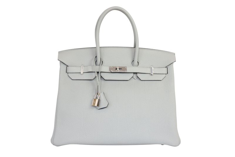 Hermes Birkin 35 Handbag, Verso Gray Gris Mouette and Blue Agate Togo Leather with Palladium Hardware, A 2017 Stamp, Preowned No Dustbag WA001