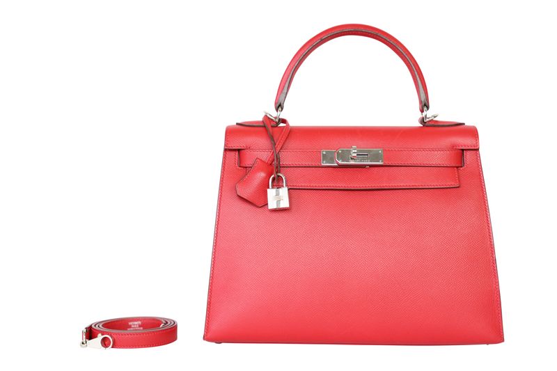 Hermes Kelly 28 Handbag, Red Epsom Leather and Palladium Hardware, P in Square 2012 Stamp, Preowned in Dustbag WA001