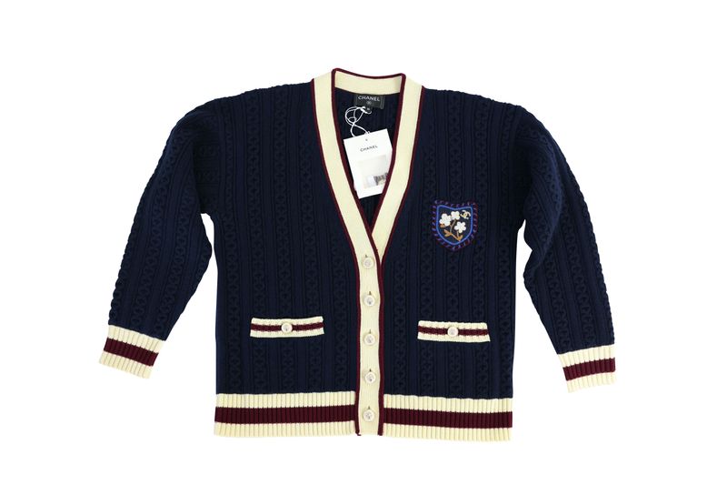 Chanel 26C Cable Knit Cardigan, Blue with Burgundy and Cream Stripe Cashmere with Cotton Yarn, Size 36, New No Dustbag WA001