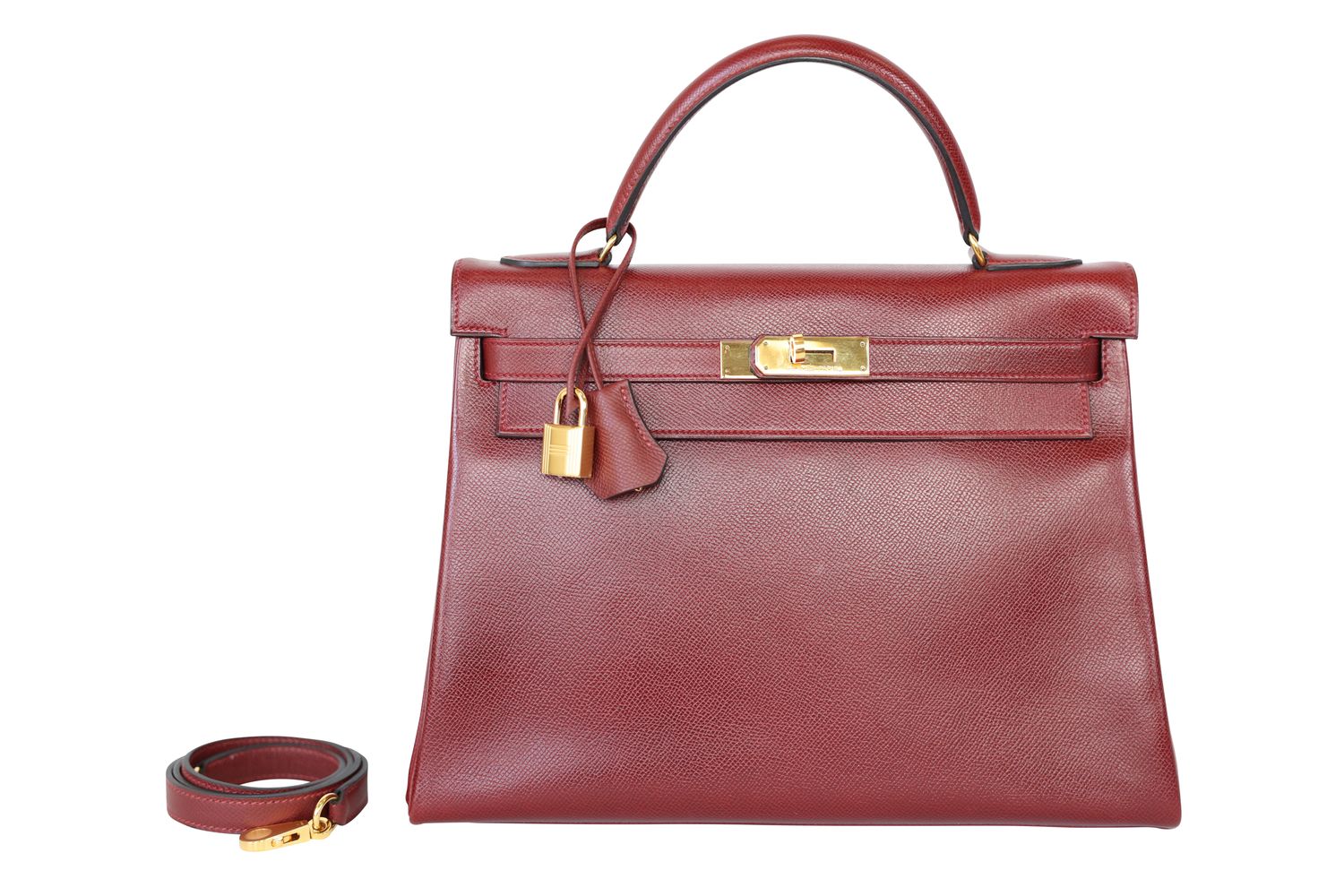 Hermes Kelly Sellier 32 Handbag, Red Rouge H Couchvel Leather and Gold Hardware, R in Circle 1988, Preowned in Dustbag WA001