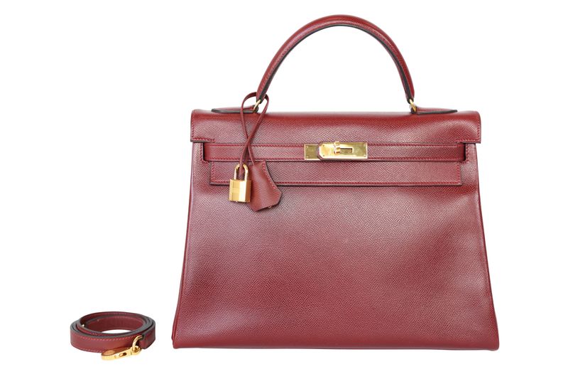 Hermes Kelly Sellier 32 Handbag, Red Rouge H Couchvel Leather and Gold Hardware, R in Circle 1988, Preowned in Dustbag WA001