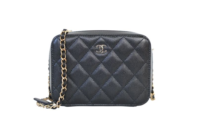 Chanel Camera Case Mini Bag, Black Quilted Caviar Leather and Gold Hardware, Preowned in Dustbag WA001