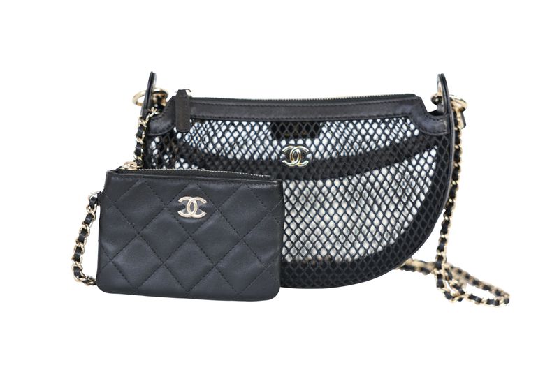Chanel CC Mesh Pouch Bag, Black Textile and Quilted Lambskin with Gold Hardware, Preowned in Box WA001