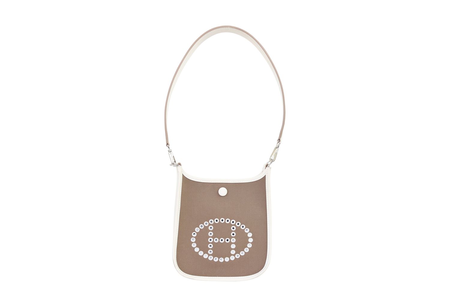Hermes Neo Mini Evelyne TPM 16 Bag, Brown Dune Canvas and White Swift Leather with Palladium Hardware, K 2025 Stamp, Preowned in Box WA001