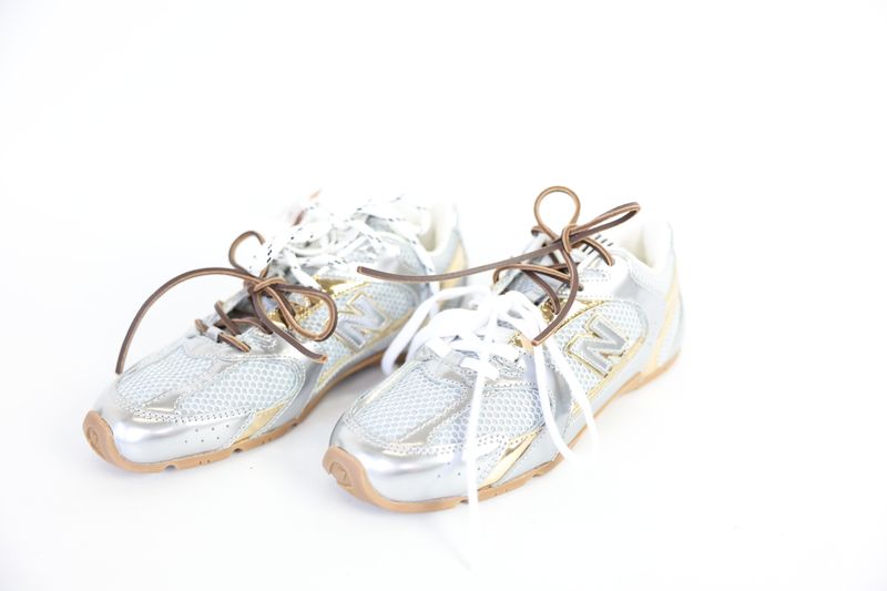 Miu Miu x New Balance 530 SL Sneaker Shoes, Metallic Silver with Gold Leather and Textile, Size 37, New in Box WA001