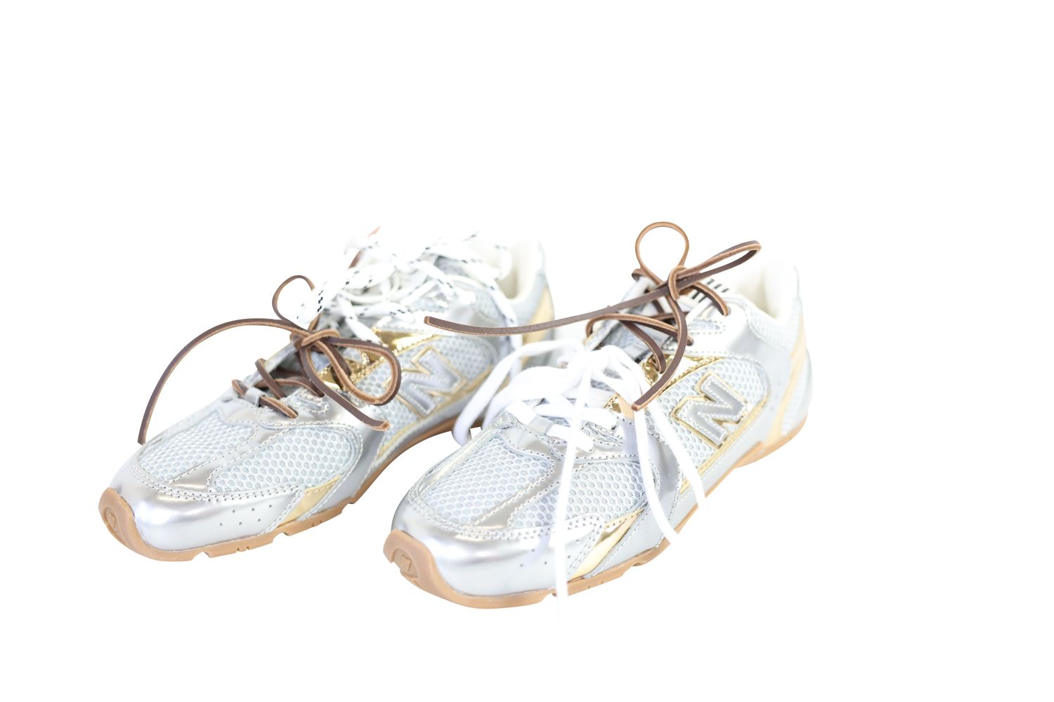 Miu Miu x New Balance 530 SL Sneaker Shoes, Metallic Silver with Gold Leather and Textile, Size 37, New in Box WA001