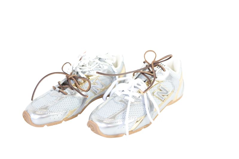 Miu Miu x New Balance 530 SL Sneaker Shoes, Metallic Silver with Gold Leather and Textile, Size 37, New in Box WA001