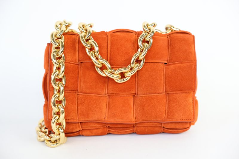Bottega Veneta Cassette Chain Bag, Burnt Orange Maxi Intrecciato Suede and Gold Hardware, Preowned in Dustbag WA001