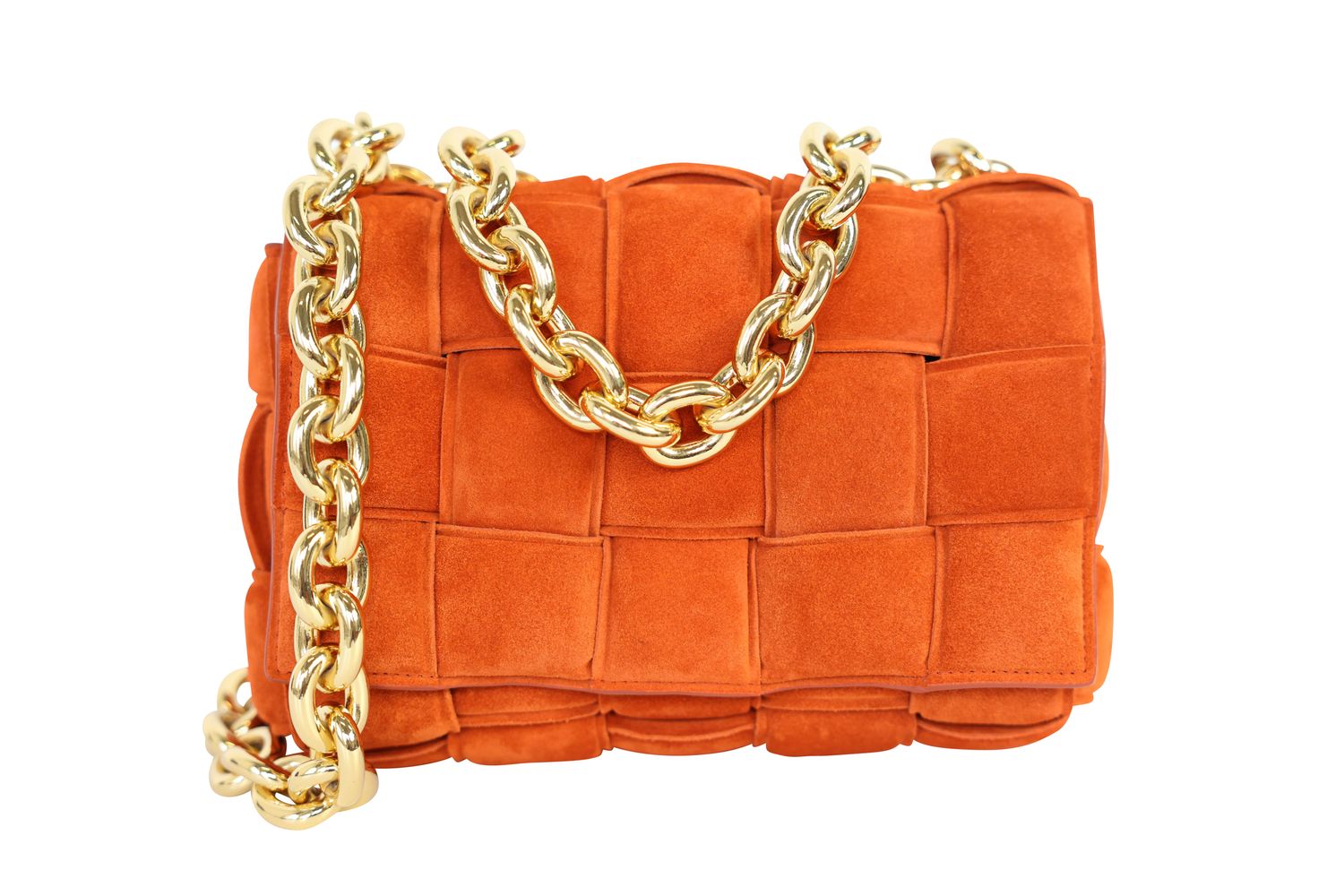 Bottega Veneta Cassette Chain Bag, Burnt Orange Maxi Intrecciato Suede and Gold Hardware, Preowned in Dustbag WA001