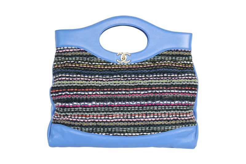 Chanel 31 Shopping Bag, Blue Leather and Multicolor Tweed with Gold Hardware, Preowned in Box WA001