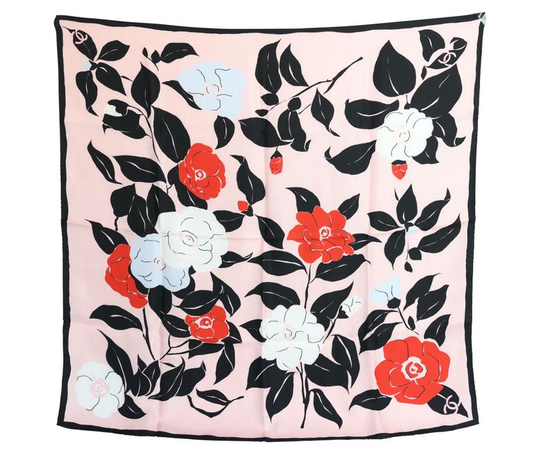 Chanel 26P Camellia Square Scarf, Pink Red and Black Silk, New in Box WA001