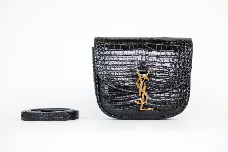 Saint Laurent YSL Kaia Small Crossbody Bag, Black Croc Embossed Leather and Gold Hardware, Preowned in Dustbag WA001
