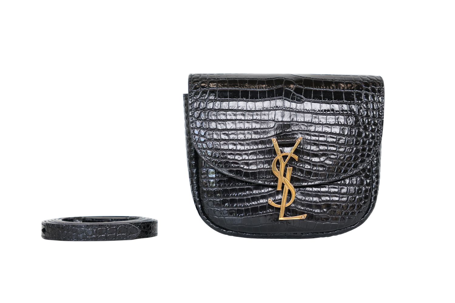 Saint Laurent YSL Kaia Small Crossbody Bag, Black Croc Embossed Leather and Gold Hardware, Preowned in Dustbag WA001