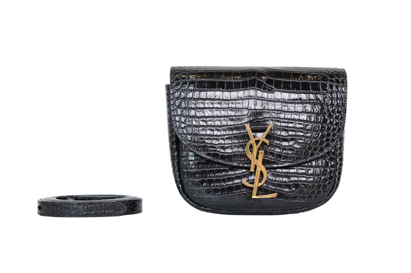 Saint Laurent YSL Kaia Small Crossbody Bag, Black Croc Embossed Leather and Gold Hardware, Preowned in Dustbag WA001