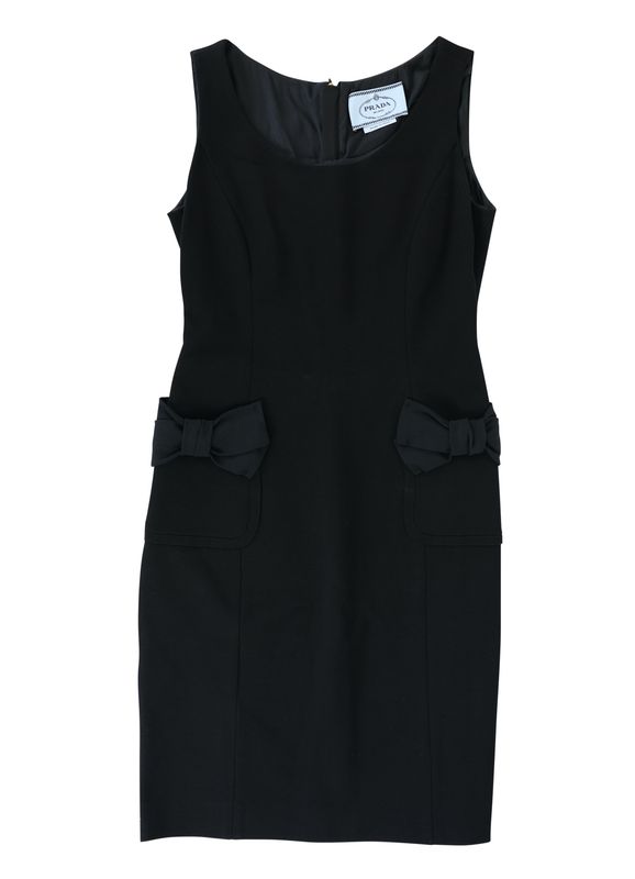 Prada Sleeveless Bow Pocket Mini Dress, Black Textile, Size 44, Preowned No Dustbag WA001