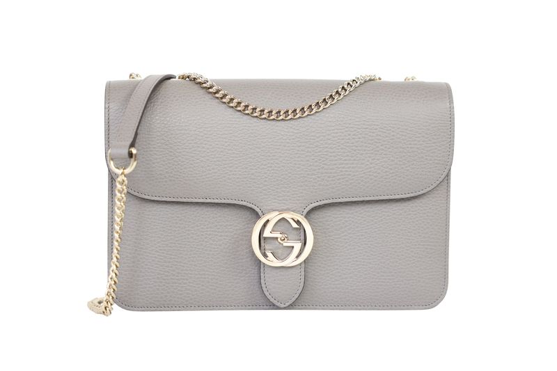 Gucci Interlocking G Shoulder Medium Bag, Gray Leather and Gold Hardware, Preowned no Dustbag WA001