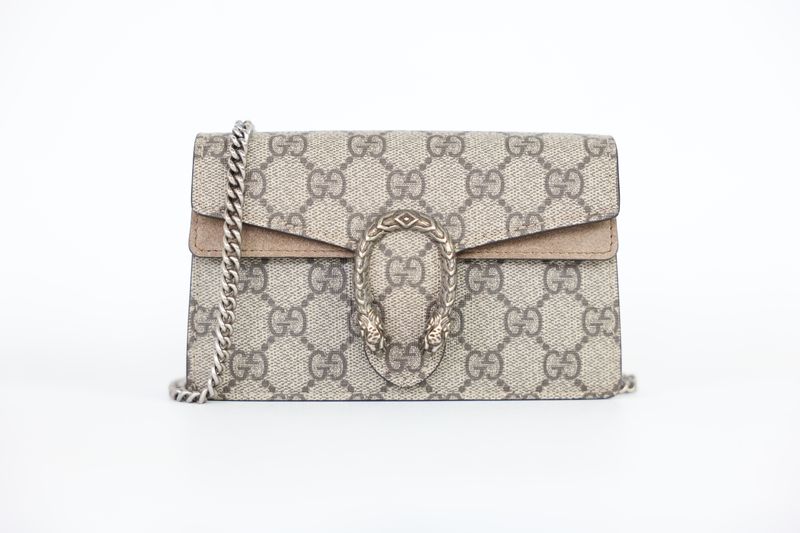 Gucci Dionysus Super Mini Bag, Beige and Ebony GG Supreme Canvas and Silver Hardware, Preowned in Box WA001