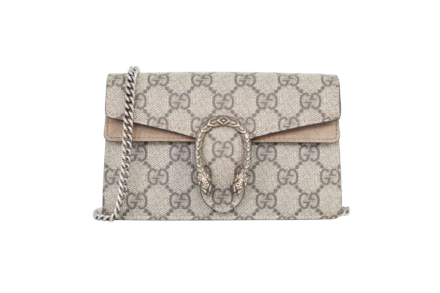 Gucci Dionysus Super Mini Bag, Beige and Ebony GG Supreme Canvas and Silver Hardware, Preowned in Box WA001
