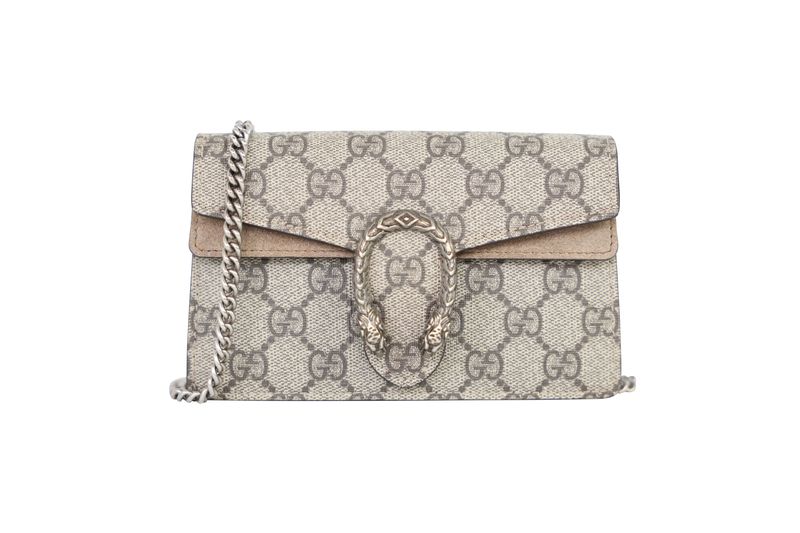 Gucci Dionysus Super Mini Bag, Beige and Ebony GG Supreme Canvas and Silver Hardware, Preowned in Box WA001