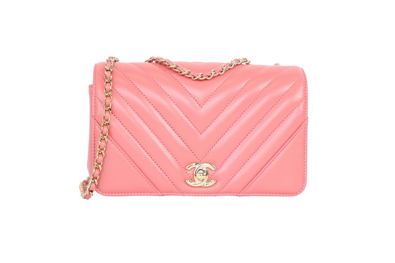 Chanel Statement Flap Mini Bag, Pink Chevron Quilt Leather and Gold Hardware, Preowned in Box WA001