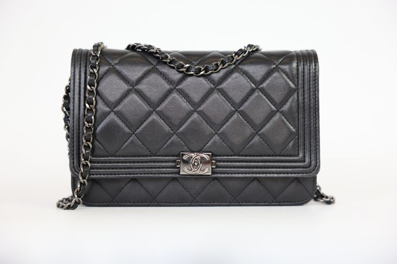 Chanel Boy Wallet on Chain Bag, Black Quilted Lambskin and Ruthenium Hardware, Preowned in Box WA001