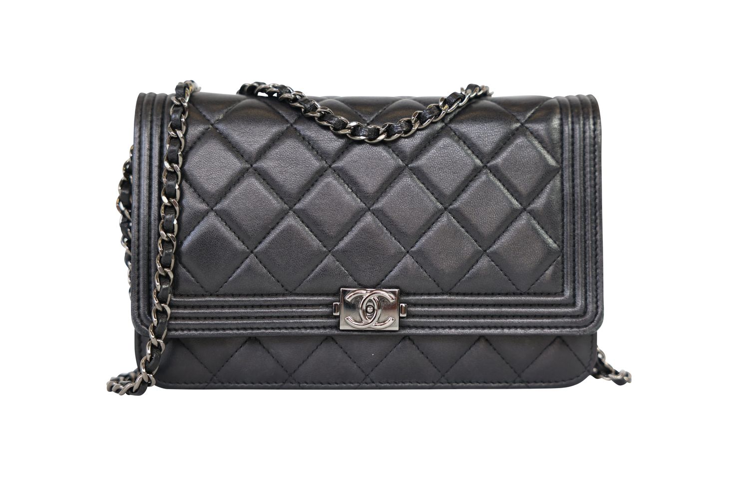 Chanel Boy Wallet on Chain Bag, Black Quilted Lambskin and Ruthenium Hardware, Preowned in Box WA001