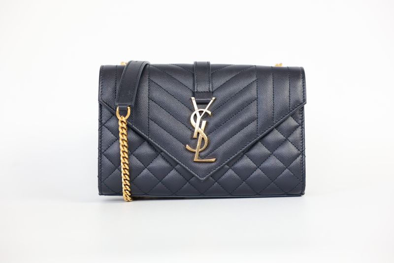 Saint Laurent YSL Envelope Crossbody Small Bag, Navy Blue Leather and Gold Hardware, Preowned in Box WA001