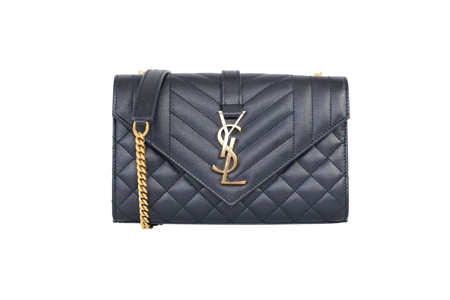 Saint Laurent YSL Envelope Crossbody Small Bag, Navy Blue Leather and Gold Hardware, Preowned in Box WA001